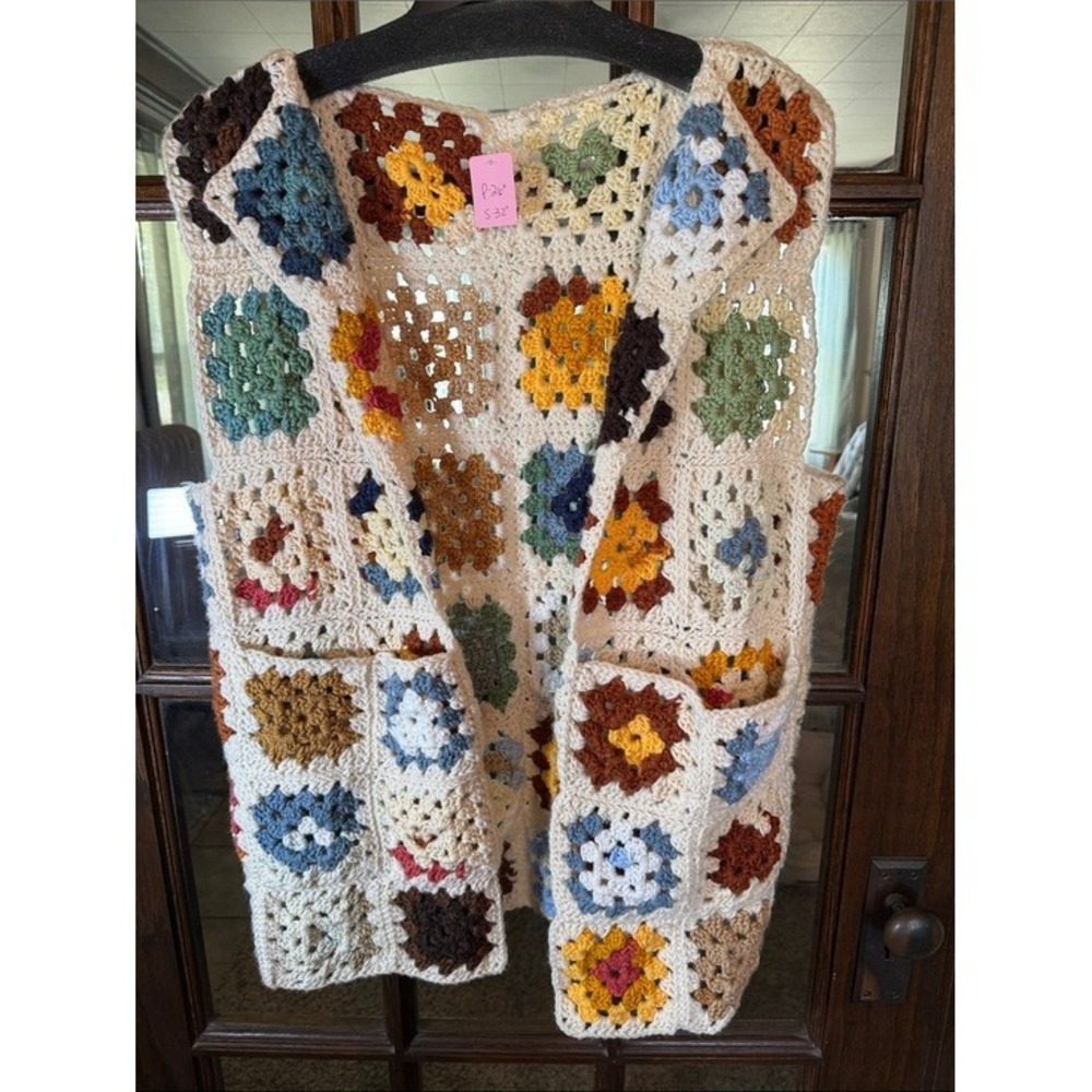Handmade Granny Square Vest Multicolor Open Front Boho Pockets Grandmacore 70s